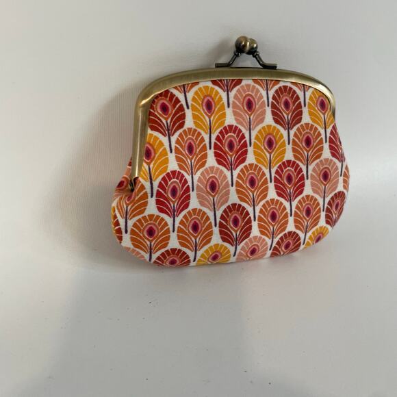 Vintage Twin Metal Frame Change Purse Dual Clasp London Floral Orange 5.5x4.5 - Picture 3 of 6